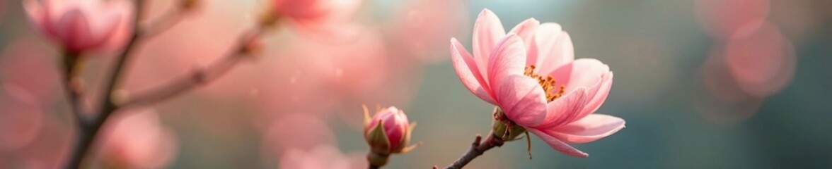 Obraz premium Soft petals unfolding delicate pink flower with thin ribbon tag attached gently swaying in breeze, spring, floral