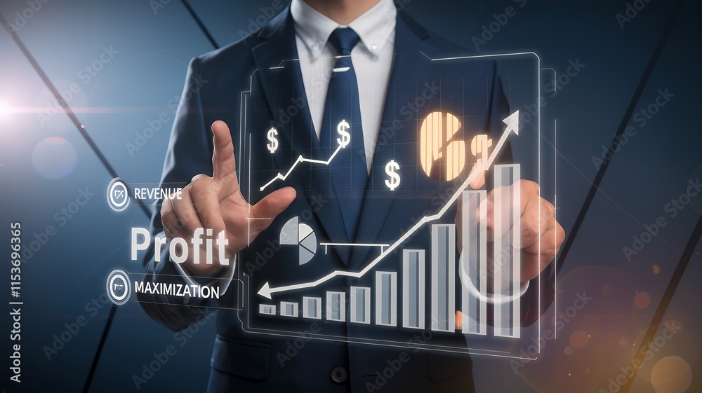 Poster Infographic showing revenue and profit maximization strategies with upward trending graphs and balance scales