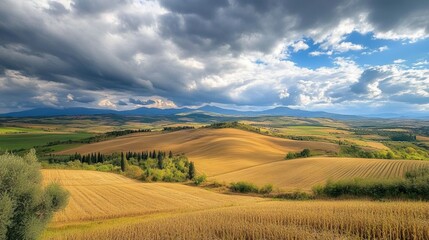 Fototapeta premium Expansive agricultural field under a cloudy sky near rural landscape in late afternoon