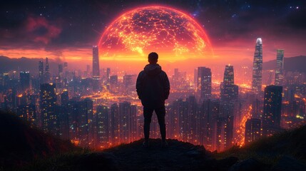 Man silhouetted against fiery celestial body over futuristic city.