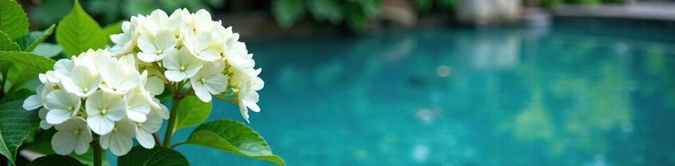 Obraz premium White hydrangeas in a tranquil blue water environment, still life, garden, nature