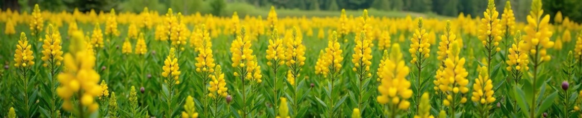 Obraz premium Yellow lupine flowers in a dense Alaskan tundra thicket, wildflowers, tundra