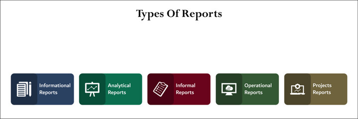 types of report. Infographic template with icons and description placeholder