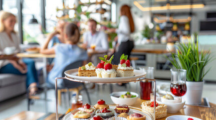 Fototapeta premium Corporate Event in Open Office Space with Delightful Desserts and Networking Colleagues