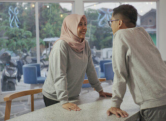 Romantic asian muslim couple standing and embracing each other.valentines day concept