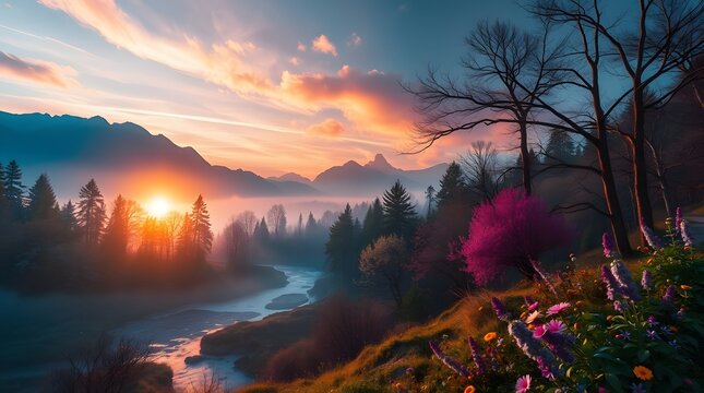 Spring Forest Mountain River in Sunset