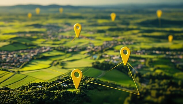 Golden Location Pins Mark Network Across Lush Green Landscape Aerial View - Powered by Adobe