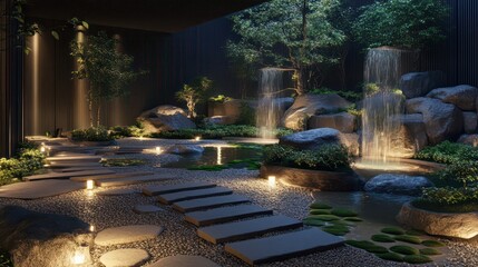 A serene zen garden room with soft lighting, stone paths, and cascading water features for a peaceful vibe