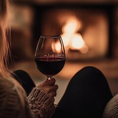 A woman holding a glass of red wine by a warm fireplace