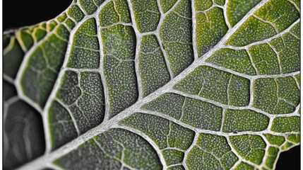 Close-Up of Green Leaf Veins Displaying Complex Patterns and Textures. Nature's Intricate Design in Botanical Detail.