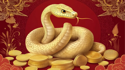 Luxurious golden snake coiled around gold ingots, symbolizing wealth, prosperity, and good fortune. Intricate vector illustration with traditional Chinese patterns and 3D elements on a vibrant red bac