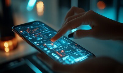 A hand interacts with a smartphone displaying data analytics and graphs.