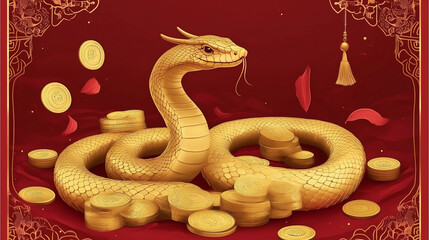 Fototapeta premium Luxurious golden snake coiled around gold ingots, symbolizing wealth, prosperity, and good fortune. Intricate vector illustration with traditional Chinese patterns and 3D elements on a vibrant red bac