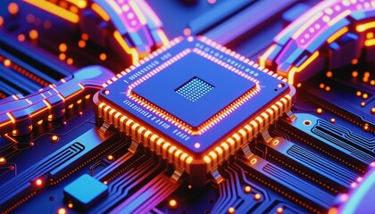 Close-up of illuminated microchip on very bright neon background. Technology. AI generated.
