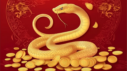 Obraz premium Luxurious golden snake coiled around gold ingots, symbolizing wealth, prosperity, and good fortune. Intricate vector illustration with traditional Chinese patterns and 3D elements on a vibrant red bac