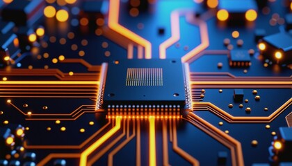 Close-up of illuminated microchip on very bright neon background. Technology. AI generated.
