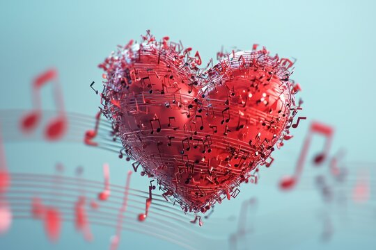 Creative 3D heart constructed from notes drifting along a musical staff,