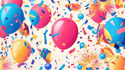 Vibrant Celebration of New Year with Festive Balloons and Colorful Confetti in Bold Typography