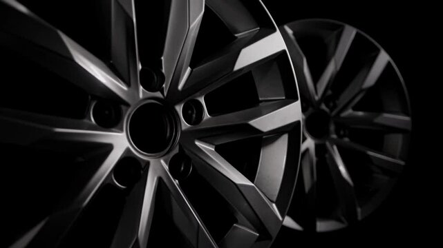 4 Modern aluminum alloy rims for car without tire. Car spare parts isolated in dark background. Luxury design. Cast drive. Equipment for auto vehicle. Close up shot, dolly out movement
