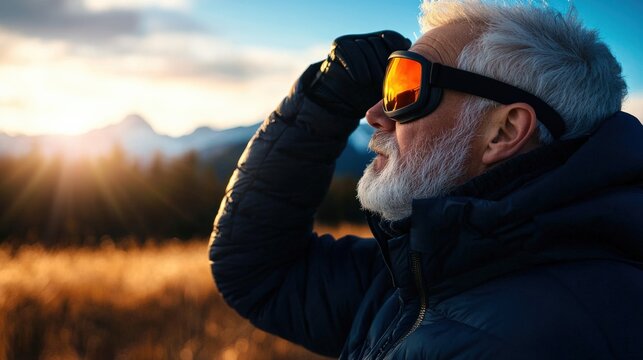 A senior man adjusting his goggles before cross-country skiing through open fields.