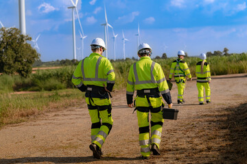 A team of engineers in high visibility safety gear stand together at a wind farm, conducting...