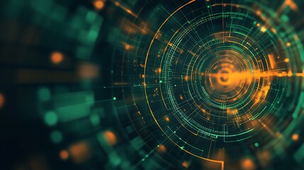 Obraz premium Blurred 3D circles and radial lines in vibrant green and orange, forming a tech-inspired geometric design