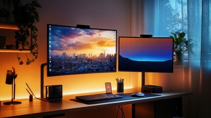 A smart home workspace with sleek monitors, hidden cable management, and adaptive lighting