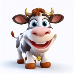 Fototapeta premium Cartoon dairy cow wearing cowbell, rendering against white backdrop, grinning cheerfully