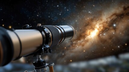 A telescope is focused on an expansive view of a galaxy, surrounded by countless stars in the night sky. The scene captures the allure of stargazing and exploration of the universe