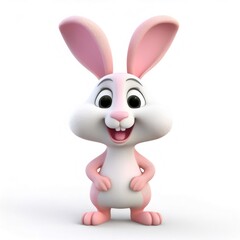 Obraz premium Pink cartoon rabbit confidently posing, hands on hips, smiling in 3D rendering against clean white backdrop