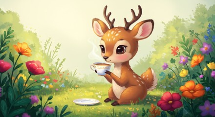 A painted deer sips coffee from a cup, amidst flowers and greenery for children's book illustration 