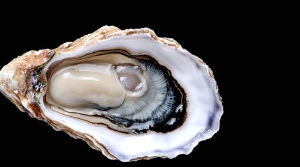 Naklejka premium Close-up of a fresh oyster shell on black background, showcasing its texture and pearl.
