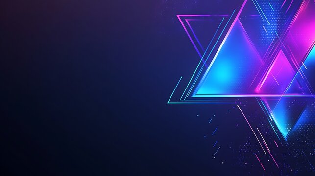 Glossy neon abstract background with glowing blue and purple triangles, radiating futuristic vibes
