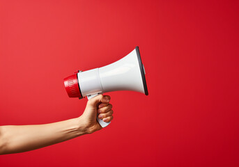 Hand is holding a megaphone on a red background, conveying a message or making an important announcement