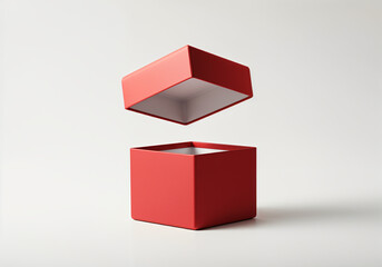 Minimalist red open gift box with floating lid on white background, creating a sense of anticipation and surprise