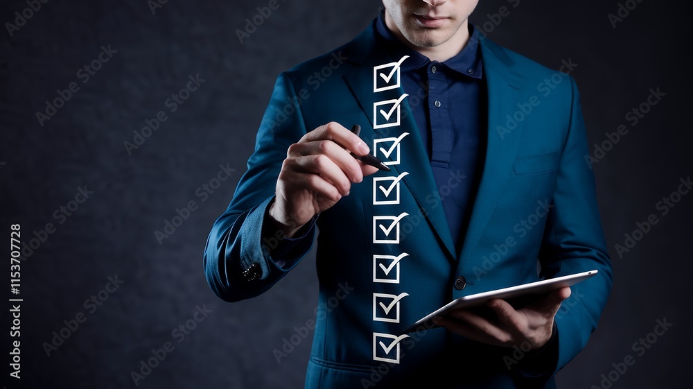 Poster businessman using smartphone for online business performance checklist survey