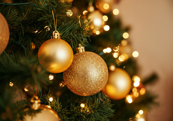 Golden christmas balls hanging on a decorated christmas tree with festive lights create a warm and magical holiday atmosphere