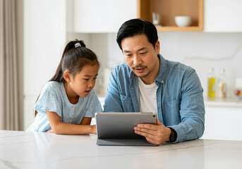 Father showing something on a digital tablet to his young daughter, spending quality time together