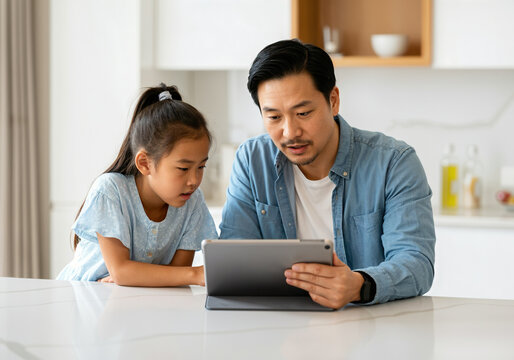 Father showing something on a digital tablet to his young daughter, spending quality time together