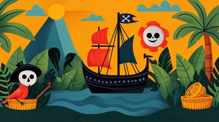 Pirate cartoon kids story. Colorful pirate scene with a ship, skeletons, and tropical elements.