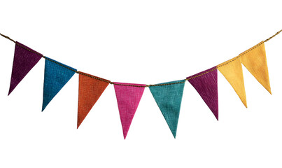 Obraz premium Bright colorful bunting garland. Party flags on rope. Textured fabric. Birthday celebration, wedding anniversary. Holiday Festa Junina decor. Isolated overlay object, banner on background
