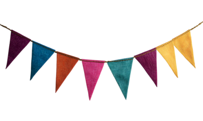 Bright colorful bunting garland. Party flags on rope. Textured fabric. Birthday celebration, wedding anniversary. Holiday Festa Junina decor. Isolated overlay object, banner on background