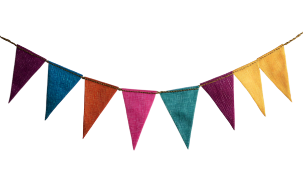 Bright colorful bunting garland. Party flags on rope. Textured fabric. Birthday celebration, wedding anniversary. Holiday Festa Junina decor. Isolated overlay object, banner on background