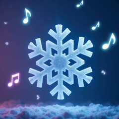 Sparkling snowflake hanging on fairytale winter background with colorful music notes around