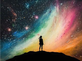 Fototapeta premium Silhouette of a Person Standing on the Horizon, Gazing at a Star-Studded Night Sky with the Milky Way, Surrounded by Complete Darkness.