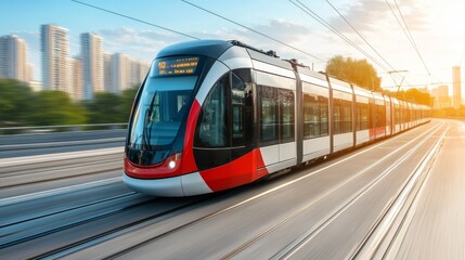 Obraz premium Vibrant Cityscape with Trams in Motion