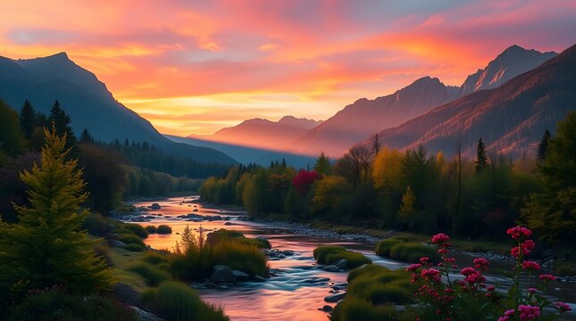 Spring Forest Mountain River in Sunset