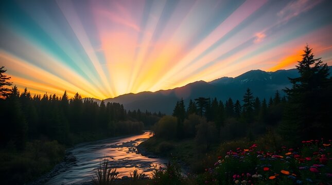 Spring Forest Mountain River in Sunset