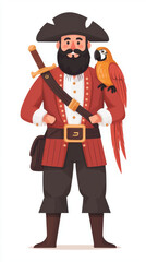 Pirate cartoon kids story. Pirate character with a sword and a parrot on his shoulder.