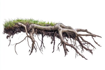 Naklejka premium Isolated Tree Roots on Bright White Backdrop - Majestic Green and Black Natural Structure with Broken Elements